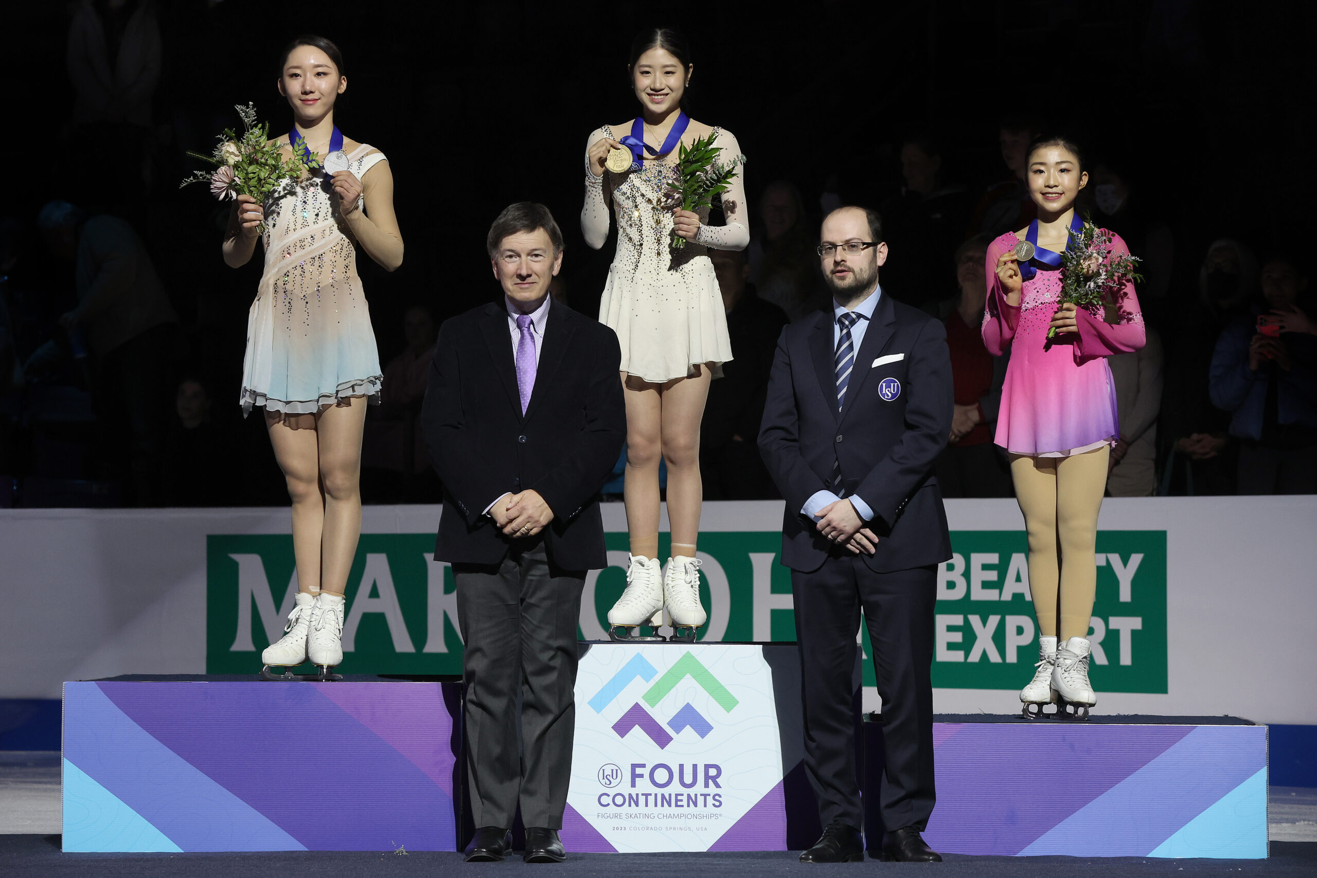 COLORADO SPRINGS, COLORADO - FEBRUARY 10: Yelim Kim of Korea, Haein Lee of Korea, and Mone Chiba of Japan pose with their medals after the Women's Free Skate during the ISU Four Continents Figure Skating Championships at Broadmoor World Arena on February 10, 2023 in Colorado Springs, Colorado. (Photo by Matthew Stockman - International Skating Union/International Skating Union via Getty Images)