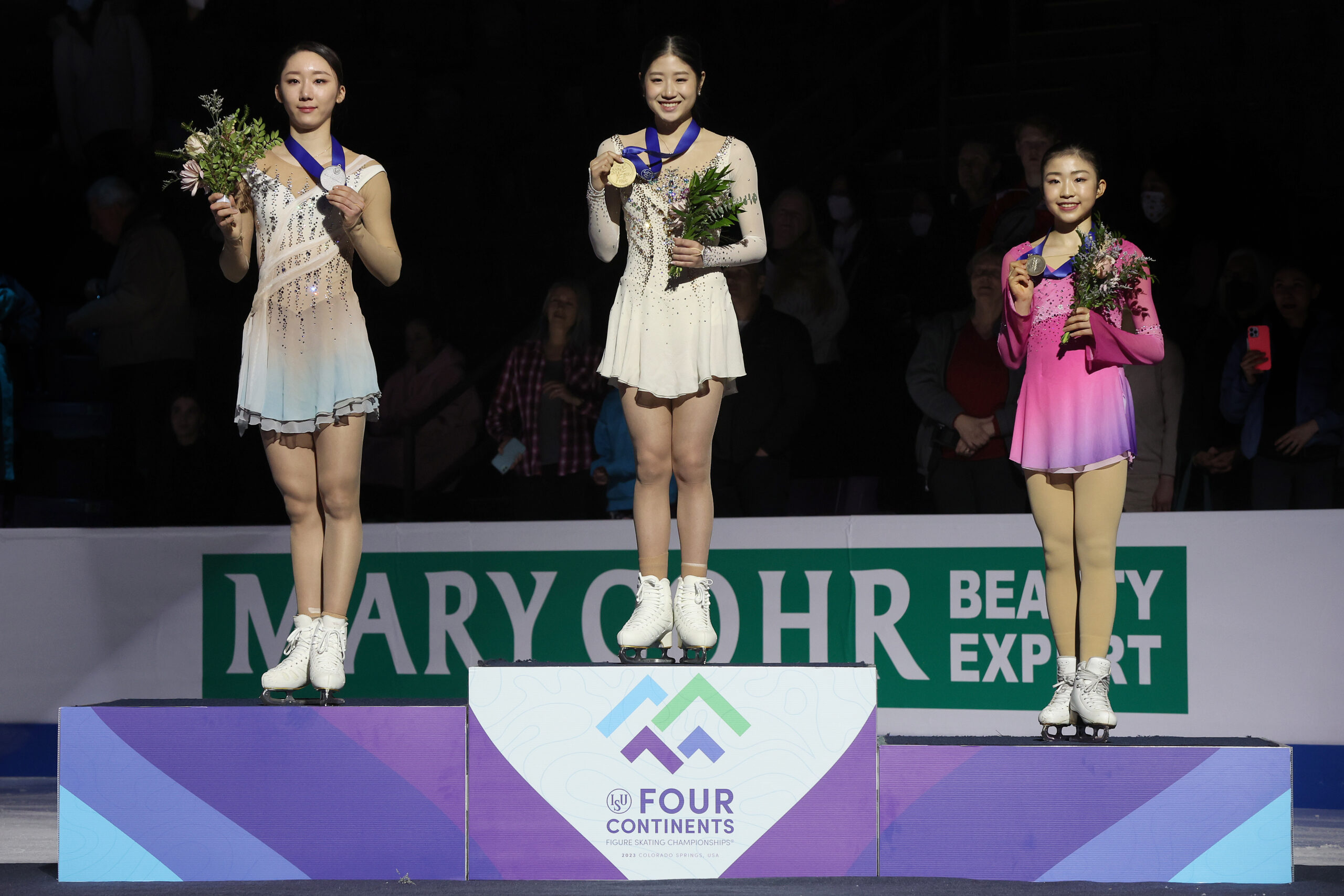 COLORADO SPRINGS, COLORADO - FEBRUARY 10: Yelim Kim of Korea, Haein Lee of Korea, and Mone Chiba of Japan pose with their medals after the Women's Free Skate during the ISU Four Continents Figure Skating Championships at Broadmoor World Arena on February 10, 2023 in Colorado Springs, Colorado. (Photo by Matthew Stockman - International Skating Union/International Skating Union via Getty Images)