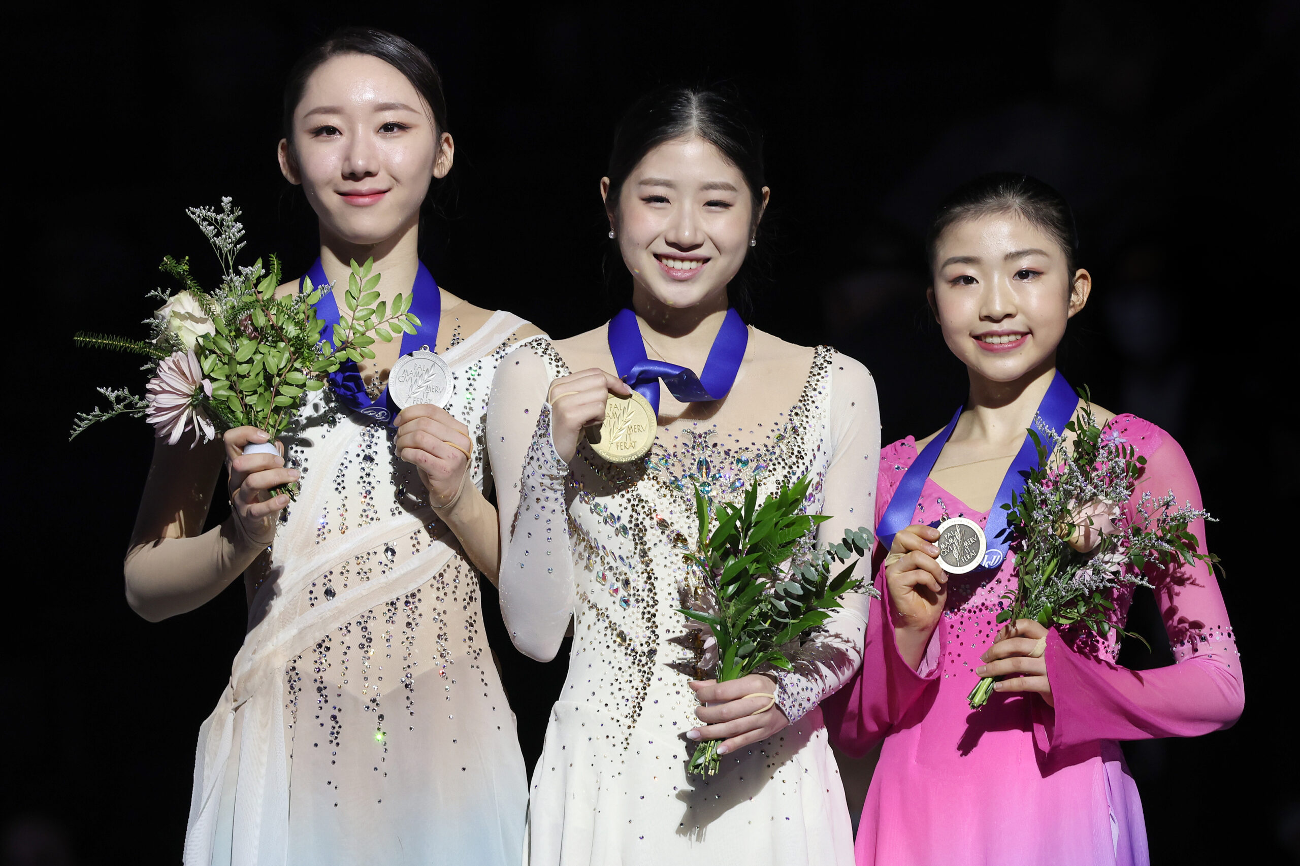 COLORADO SPRINGS, COLORADO - FEBRUARY 10: Yelim Kim of Korea, Haein Lee of Korea, and Mone Chiba of Japan pose with their medals after the Women's Free Skate during the ISU Four Continents Figure Skating Championships at Broadmoor World Arena on February 10, 2023 in Colorado Springs, Colorado. (Photo by Matthew Stockman - International Skating Union/International Skating Union via Getty Images)