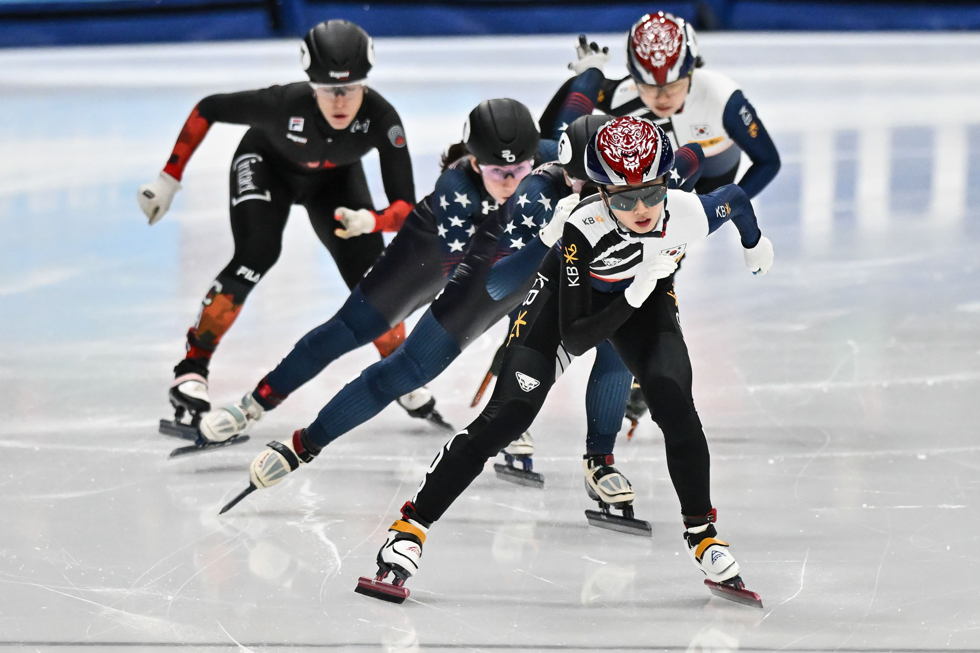 LAVAL, CANADA - NOVEMBER 04:  Park Jiwon  of the Republic of Korea competes in the women’s 500 m final during the ISU Four Continents Short Track Speed Skating Championships at Place Bell on November 4, 2023 in Laval, Quebec, Canada.  (Photo by Minas Panagiotakis - International Skating Union/International Skating Union via Getty Images)