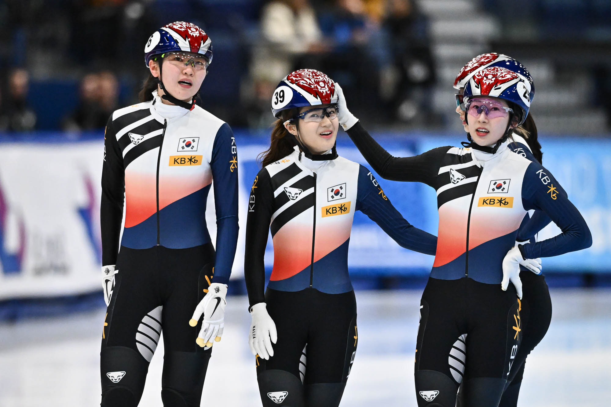 LAVAL, CANADA - NOVEMBER 05:  Shim Suk Hee, Park Jiyun  and Lee Soyoun of the Republic of Korea celebrate after competing in the women’s 3000 m relay final during the ISU Four Continents Short Track Speed Skating Championships at Place Bell on November 5, 2023 in Laval, Quebec, Canada.  (Photo by Minas Panagiotakis - International Skating Union/International Skating Union via Getty Images)