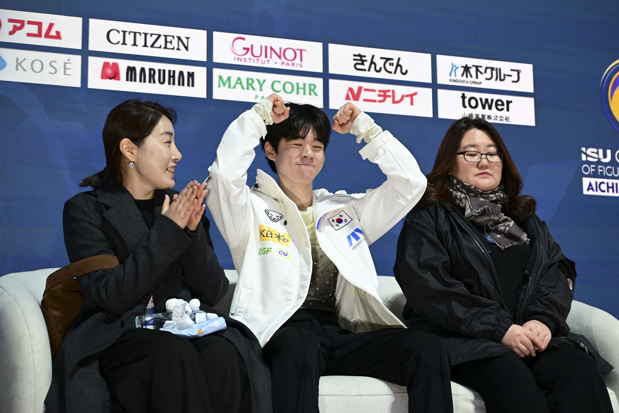NAGOYA, JAPAN - DECEMBER 05: Minkyu Seo of South Korea celebrates after performing in the Junior Men's Free Skating during the ISU Grand Prix of Figure Skating Final Nagoya at IG Arena on December 05, 2025 in Nagoya, Aichi. (Photo by Atsushi Tomura - International Skating Union/International Skating Union via Getty Images)